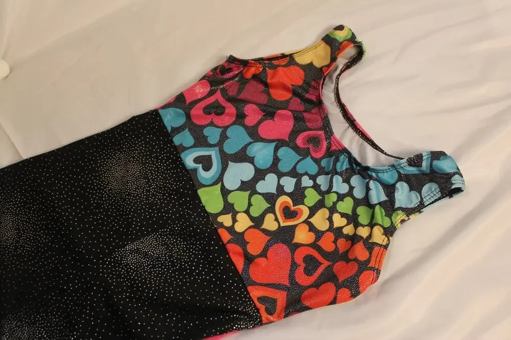 Kids Girls Gymnastics Leotard Unitard Bikershorts Rainbow Hearts Black Sparkle 7